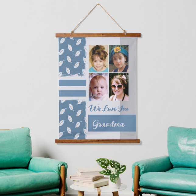 Love you Grandma 4 photo leaf pattern blue Hanging Tapestry (Living Room)