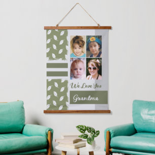 Love you Grandma 4 photo leaf pattern green Hanging Tapestry