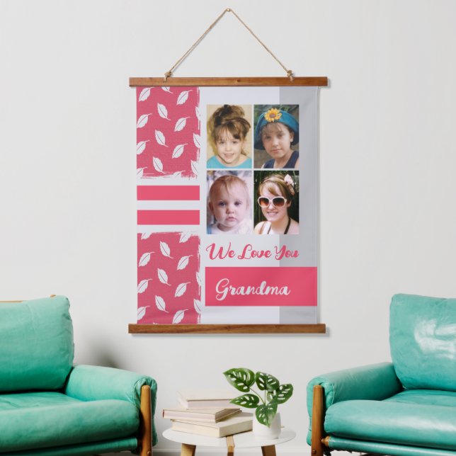 Love you Grandma 4 photo leaf pattern pink Hanging Tapestry (Living Room)