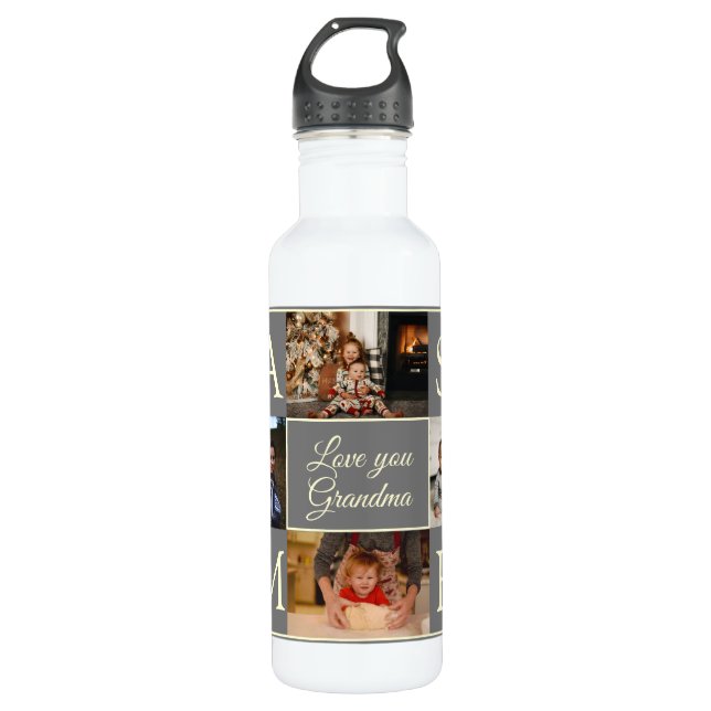 Love you Grandma 4 Photo Monogram Water Bottle (Front)
