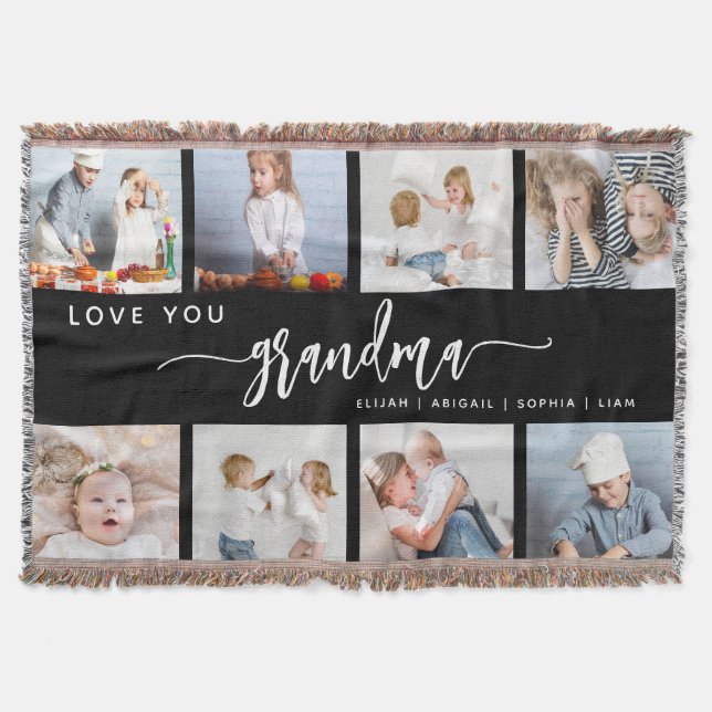 Love You Grandma 8 Photo Collage Black and White Throw Blanket (Front)