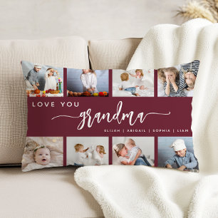Love You Grandma 8 Photo Collage Burgundy Decorative Cushion