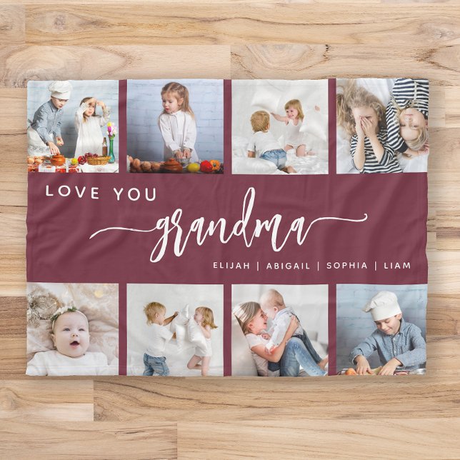 Love You Grandma 8 Photo Collage Burgundy Fleece Blanket (Creator Uploaded)