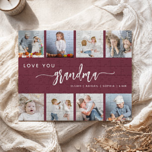 Love You Grandma 8 Photo Collage Burgundy Jigsaw Puzzle