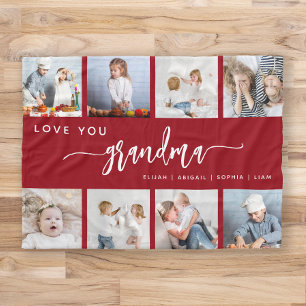 Love You Grandma 8 Photo Collage Cranberry Red Fleece Blanket