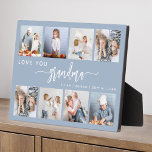 Love You Grandma 8 Photo Collage Dusty Blue Plaque<br><div class="desc">Give Grandma a gift she'll cherish. This photo collage plaque features eight of her favorite square photos of the grandkids, along with the message "Love You Grandma." The word "grandma" appears in elegant white handwriting script with flourishes at the beginning and end on a dusty blue background. Add the names...</div>