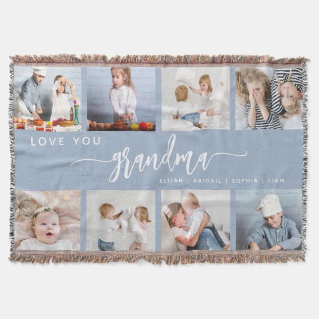 Love You Grandma 8 Photo Collage Dusty Blue Throw Blanket (Front)