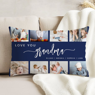 Love You Grandma 8 Photo Collage Navy Blue Decorative Cushion