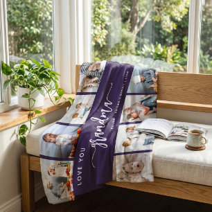 Love You Grandma 8 Photo Collage Purple Fleece Blanket