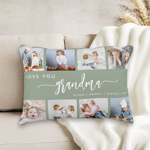 Love You Grandma 8 Photo Collage Sage Green Decorative Cushion