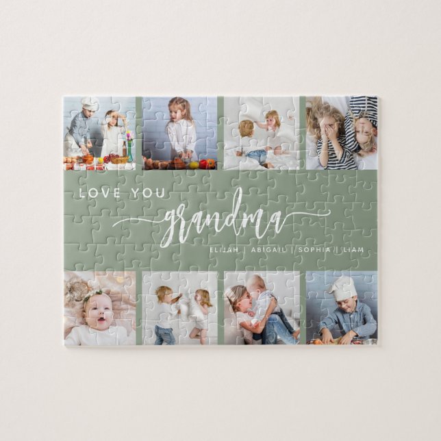 Love You Grandma 8 Photo Collage Sage Green Jigsaw Puzzle (Horizontal)