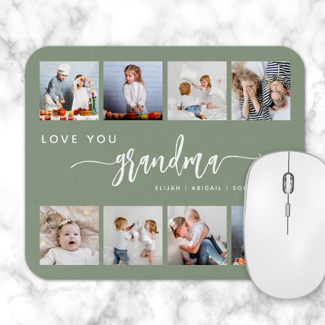 Love You Grandma 8 Photo Collage Sage Green Mouse Mat (Creator Uploaded)
