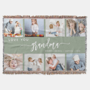 Love You Grandma 8 Photo Collage Sage Green Throw Blanket