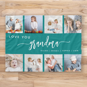 Love You Grandma 8 Photo Collage Teal Blue Fleece Blanket