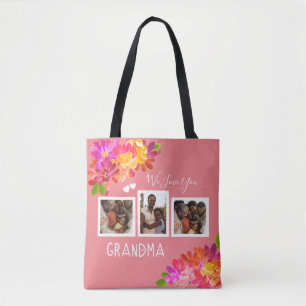 Love You Grandma Bright Pink Florals Photos Tote B Bag