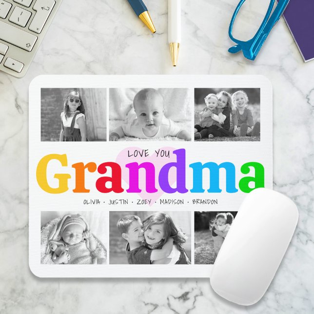 Love You Grandma Colourful Modern 6 Photo Collage Mouse Mat (Creator Uploaded)