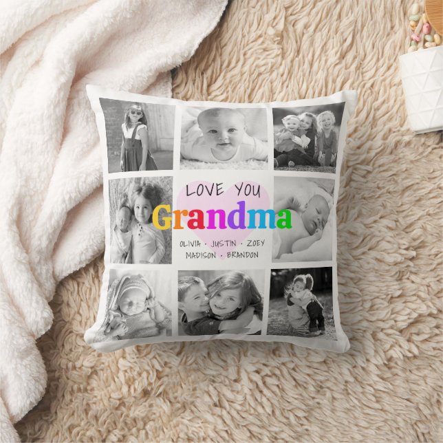 Love You Grandma Colourful Modern 8 Photo Collage Cushion (Blanket)
