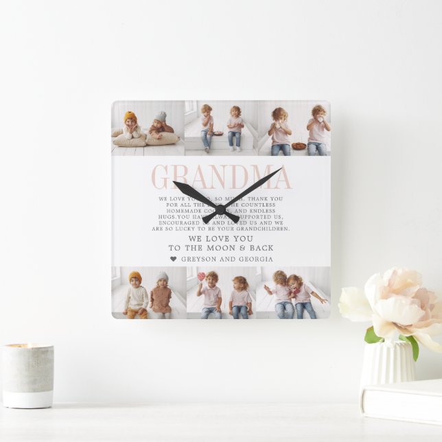 Love You Grandma | Custom Message Photo Collage Square Wall Clock (Home)