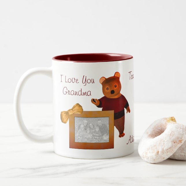 Love You Grandma Cute Bear Personalised Photo   Two-Tone Coffee Mug (With Donut)
