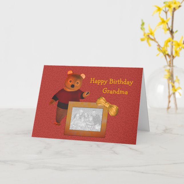 Love You Grandma Cute Bear Photo Birthday Card (Yellow Flower)