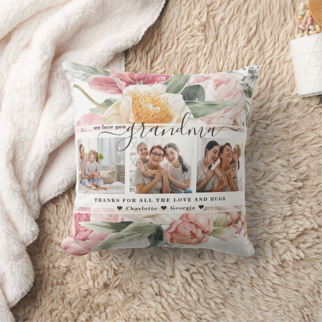 Love You Grandma | Floral Three Photo Collage  Cushion (Blanket)