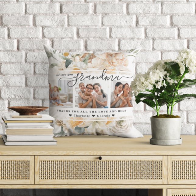 Love You Grandma | Floral Three Photo Collage  Cushion (Creator Uploaded)