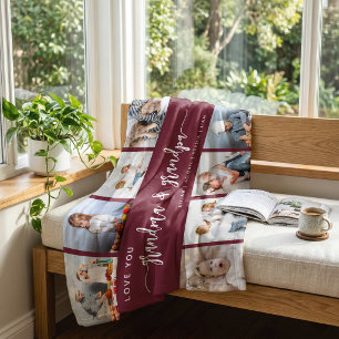 Love You Grandma & Grandpa 8 Photo Burgundy Fleece Blanket