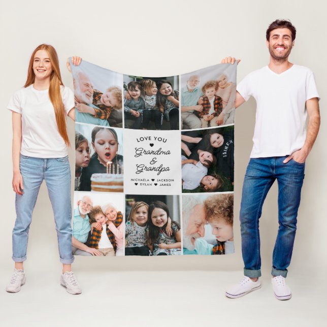 Love You Grandma & Grandpa Modern 8-Photo Collage Fleece Blanket (In Situ)