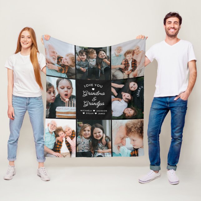 Love You Grandma & Grandpa Modern 8-Photo Collage Fleece Blanket (In Situ)