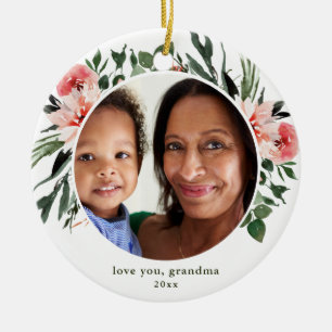 Love You Grandma Greenery Wreath with Photo Ceramic Tree Decoration
