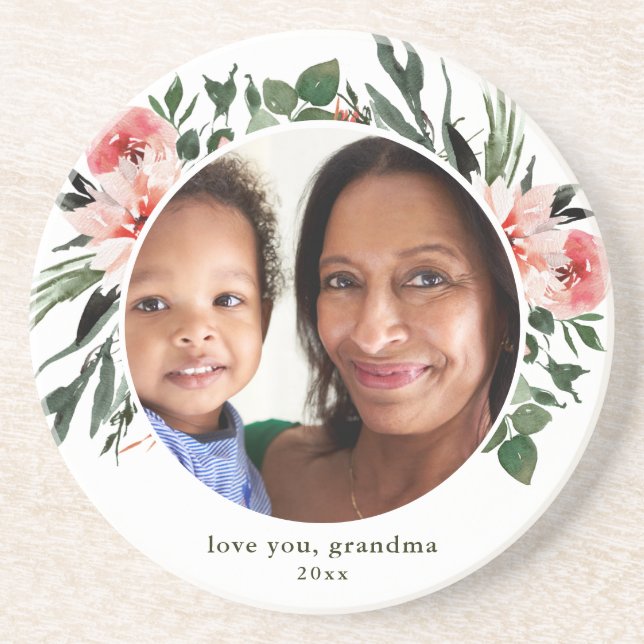 Love You Grandma Greenery Wreath with Photo Coaster (Front)