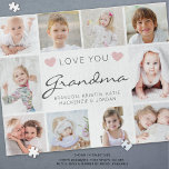 Love You Grandma or Nickname 10 Photo Collage Jigsaw Puzzle<br><div class="desc">Create your own personalised photo puzzle for Grandma featuring an easy-to-upload photo collage template with 10 pictures of her grandkids and family with the editable title LOVE YOU GRANDMA (change to her nickname like Nana or Gigi) in a trendy modern handwritten script accented with hearts with her grandchildren's names or...</div>