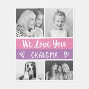 Love You Grandma Pink Color Block Photo Grid Fleece Blanket
