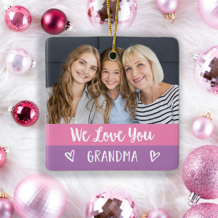 Love You Grandma Pink Colour Block Two Photo Ceramic Ornament
