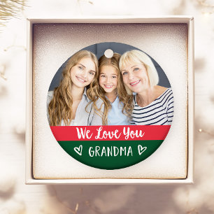 Love You Grandma   Red Green Color Block Two Photo Ornament