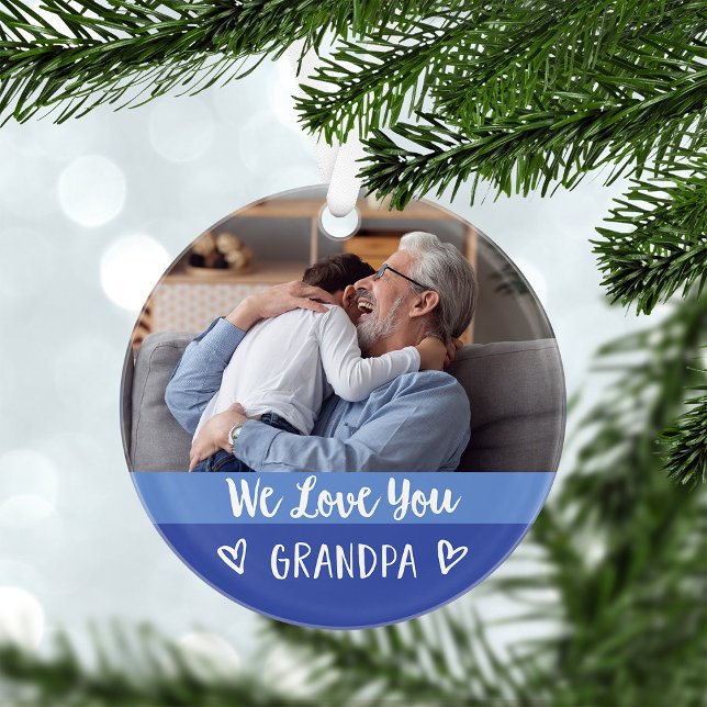 Love You Grandpa | Blue Colour Block Two Photo Ornament (A modern, colorful blue holiday ornament with two photos for your grandpa)
