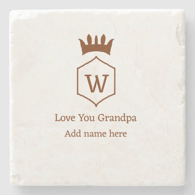 Love you grandpa crown add name details brown squa stone coaster (Front)
