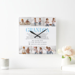 Love You Grandpa Custom Message Photo Collage Square Wall Clock