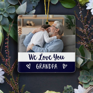Love You Grandpa Navy Blue Colour Block Two Phot Ceramic Ornament