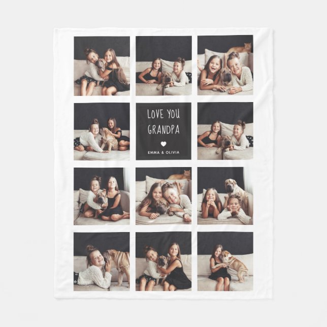 Love You Grandpa | Photo Collage Handwritten Text Fleece Blanket (Front)