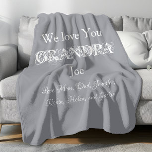 Love You Grandpa Simple Script Kids Name Cute Grey Fleece Blanket