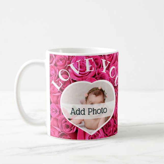 Love You Heart Photo Pink Roses Modern Script Cute Coffee Mug (Left)