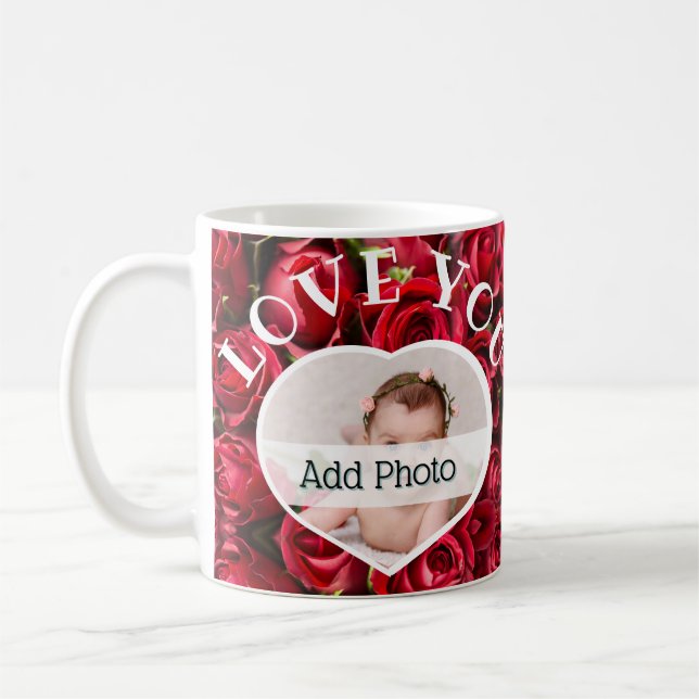 Love You Heart Photo Red Roses Modern Script Cute Coffee Mug (Left)