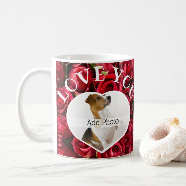 Love You Heart Photo Red Roses Modern Script Cute Coffee Mug (With Donut)