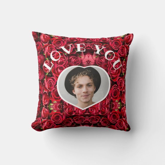 Love You Heart Photo Red Roses Modern Script Cute  Cushion (Front)