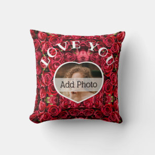 Love You Heart Photo Red Roses Modern Script Cute Cushion