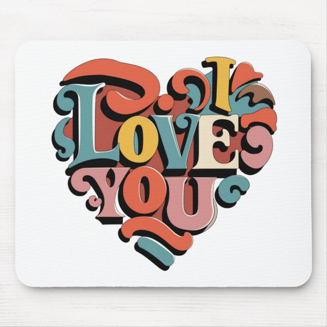 Love You Heart Retro Psychedelia Mouse Mat (Front)