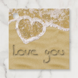 "Love you" Heart written in Sand Favour Tags