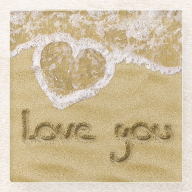 "Love you" Heart written in Sand Glass Coaster (Front)