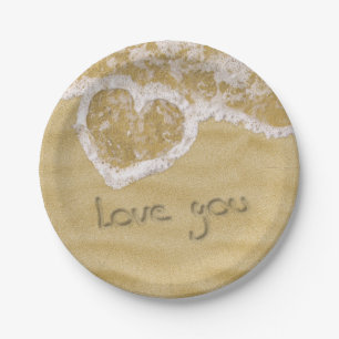 "Love you" Heart written in Sand Paper Plate